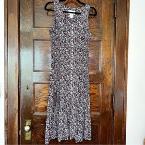 Vintage lace-back floral summer midi dress with faux pearl buttons, size M